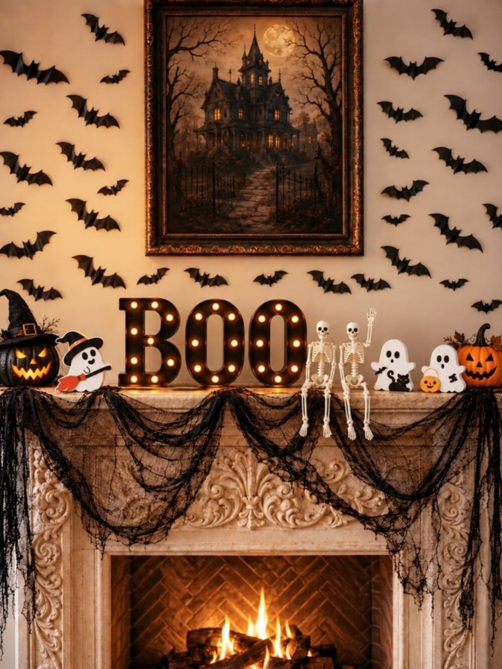 132PCS Halloween Mantel Decor Set, Boo Letters, Ghosts, Gothic Wall Decor